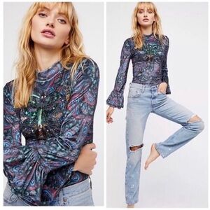 FREE PEOPLE L'Amour Velvet Embellished Top Boho Paisley 70's Retro MEDIUM NWOT